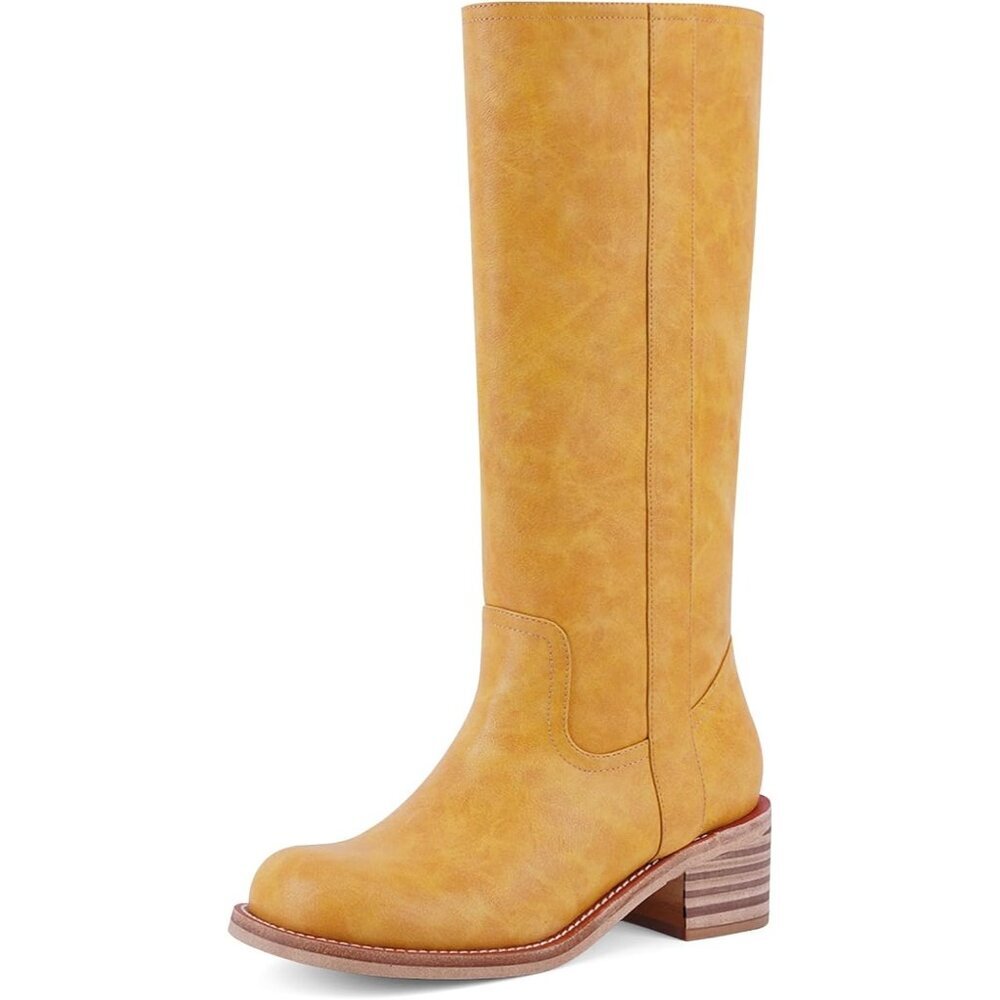 〽️Women's Yellow Knee High Square Toe Chunky Block Heel Comfortable Boots